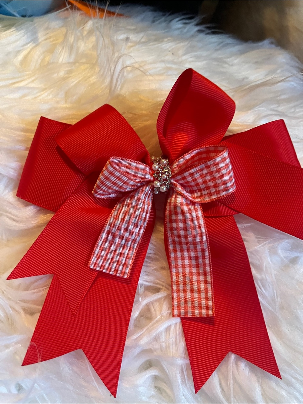 Red Layered Bow Hair Clip with Gingham Accent
